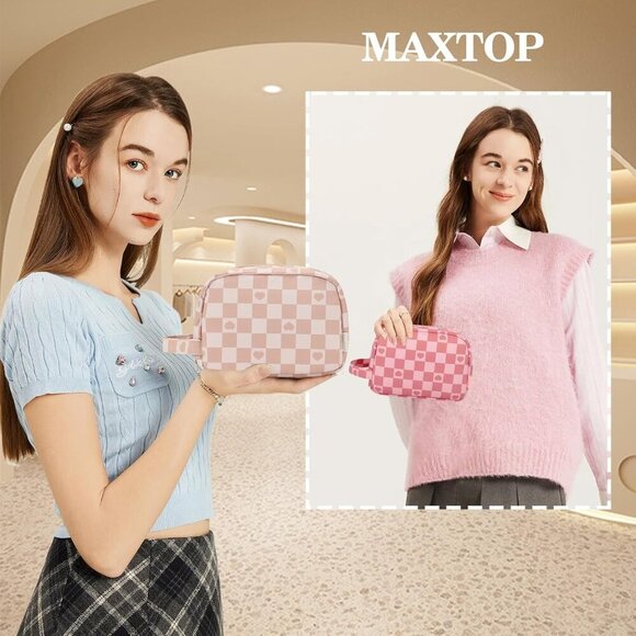 Small Personalized Make up Bag With Checkered Makeup Travel Bag Wide-open Pouch - Picture 2 of 7